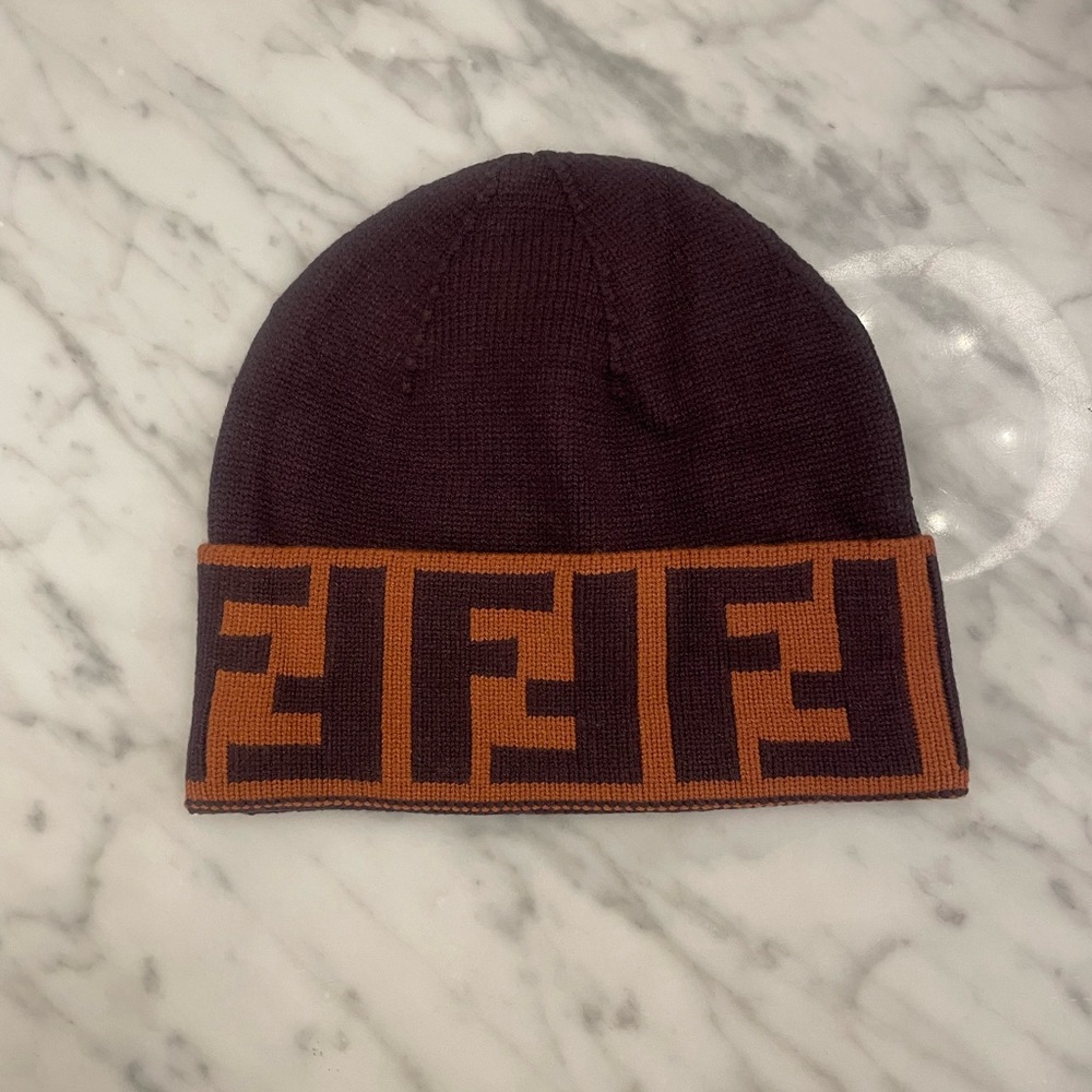 Fendi Men's Dark Red and Orange Logo Beanie